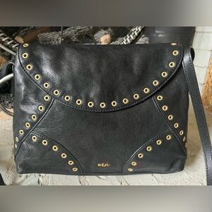 Ralph Lauren Black Leather W/Grommet Detail Morley Crossbody Bag